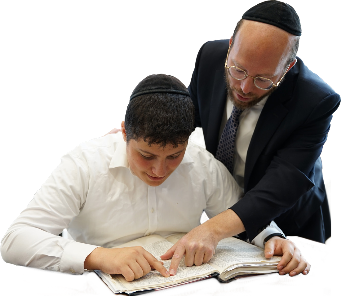 A rebbi learning b'chavrusa with a talmid at Yeshiva Mekor Hatorah